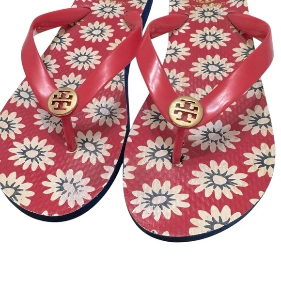 TORY‎ BURCH RED NANTUCKET DAISY FLORAL FLIP SANDALS Size 9 - Picture 7 of 8